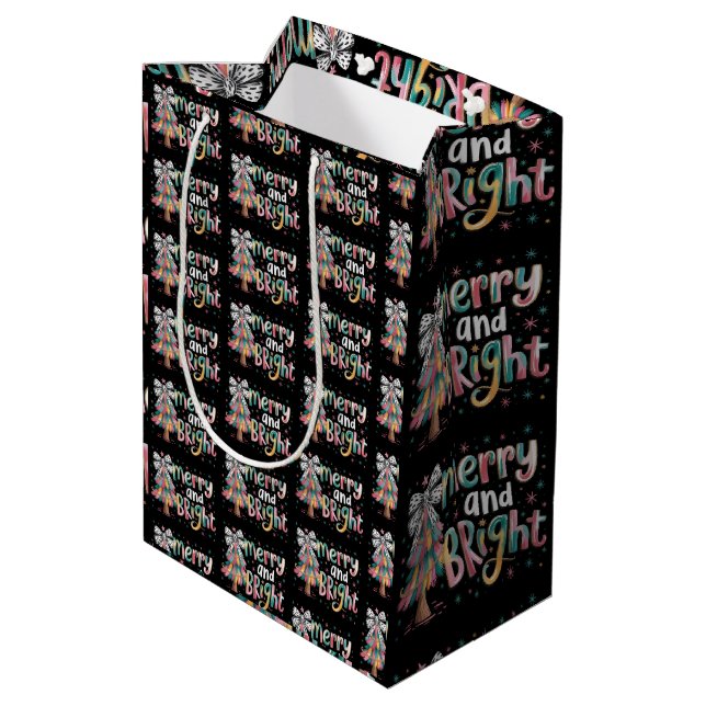 Coquette Glitter Christmas Tree Merry and Bright  Medium Gift Bag (Back Angled)