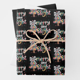 Coquette Glitter Christmas Tree Merry and Bright Wrapping Paper Sheet
