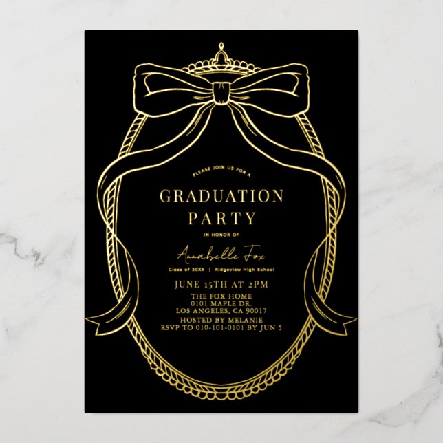 Coquette Gold Bow Ribbon Black Graduation Party (Front)