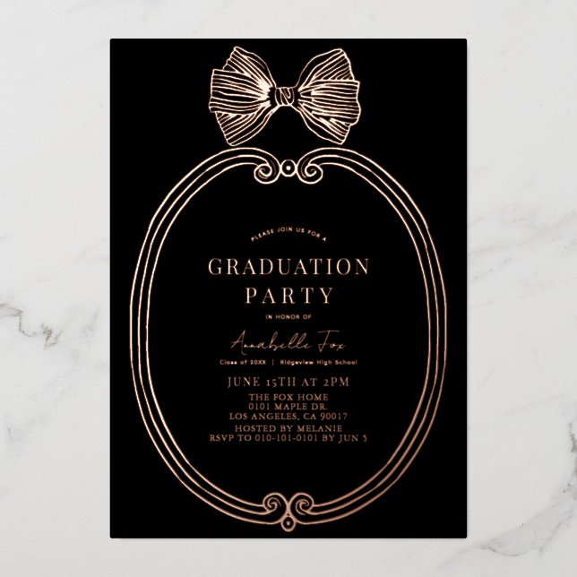 Coquette Gold Bow/Ribbon Black Graduation Party (Front)