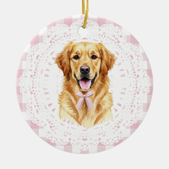 Coquette Golden Retriever Dog Pink Gingham Bows Ceramic Tree Decoration (Front)