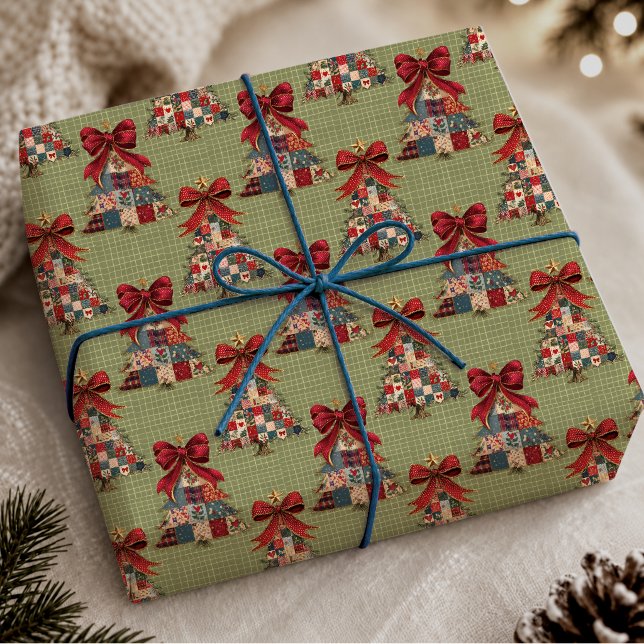 Coquette Green Patchwork Christmas Tree Squares Wrapping Paper (Creator Uploaded)