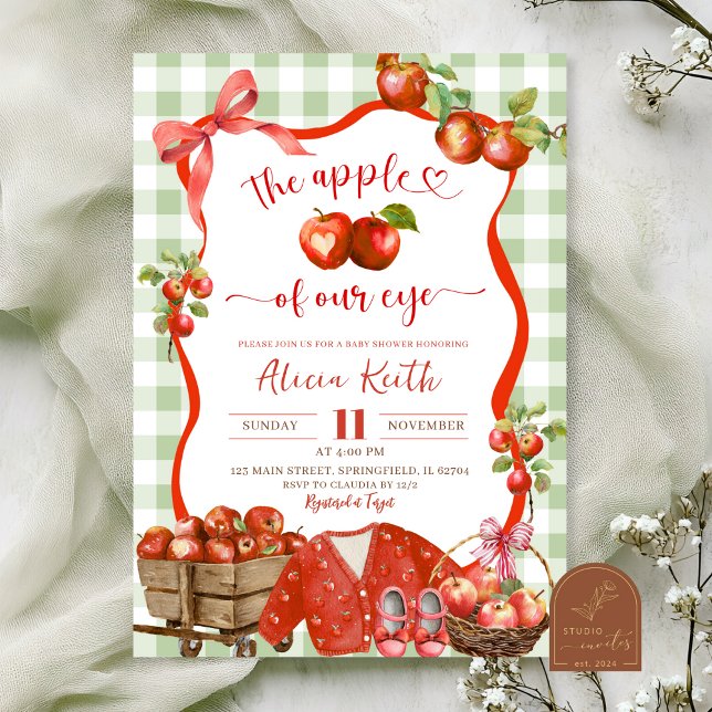 Coquette Green Plaid Apple Of Our Eye Baby Shower Invitation (Creator Uploaded)