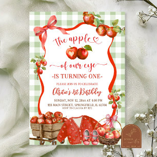 Coquette Green Plaid Bow Apple 1st Birthday Invitation