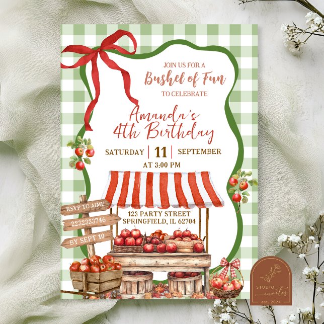 Coquette Green Plaid Bow Apple Orchard Birthday Invitation (Creator Uploaded)