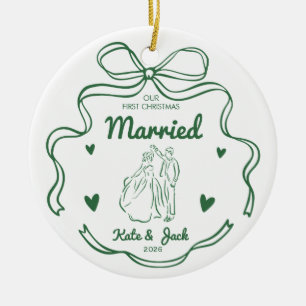 Coquette Green Ribbon First Christmas Married  Ceramic Tree Decoration