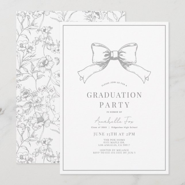 Coquette Grey Bow Ribbon Graduation Party Invitation (Front/Back)