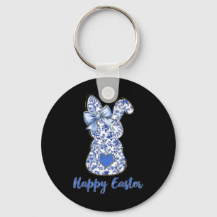 Coquette Happy Easter Blue Floral Chinoiserie Bunn Key Ring