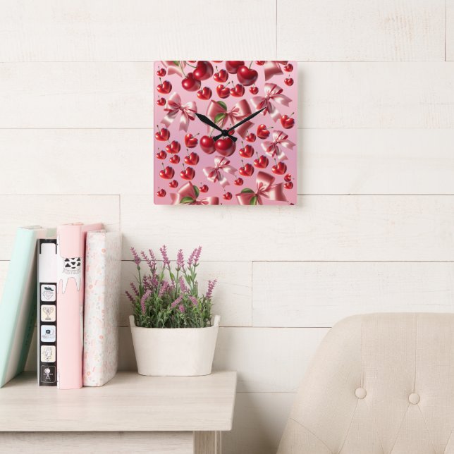  Coquette Heart Cherry Bow Pattern Square Wall Clock (Reading Room)