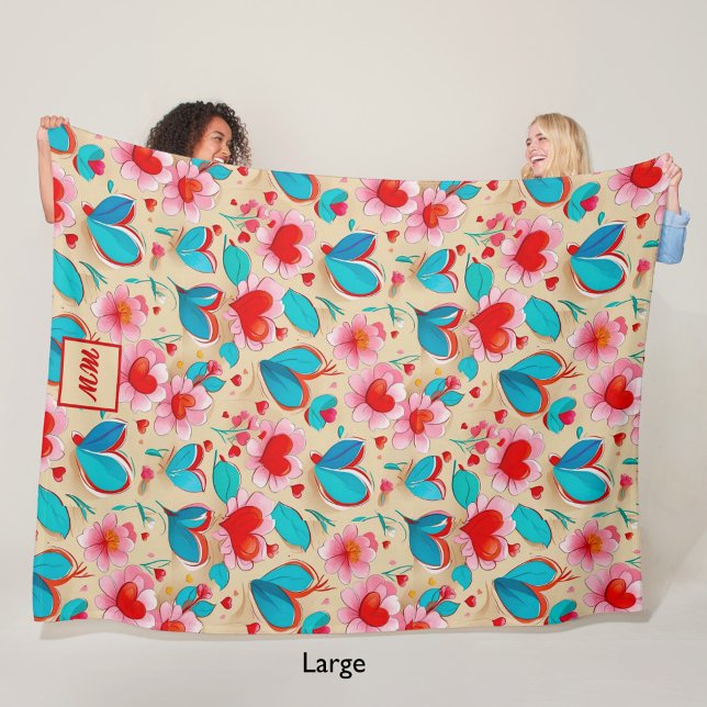  Coquette hearts, and flower cream monogram Fleece Blanket (Creator Uploaded)