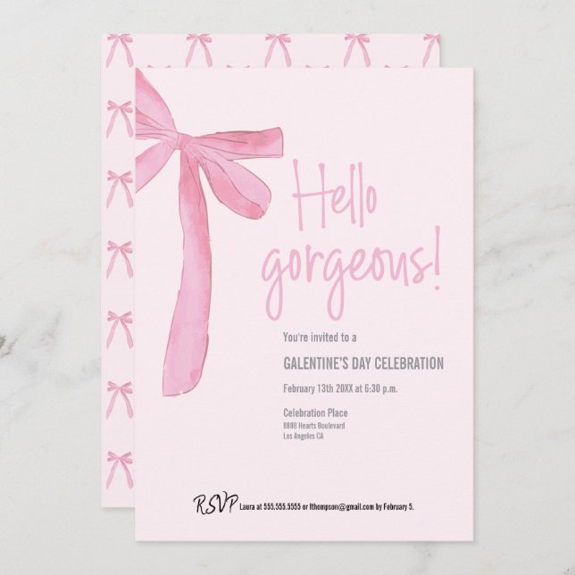 Coquette Hello Gorgeous Pink Bow Galentine’s Day  Invitation (Front/Back)
