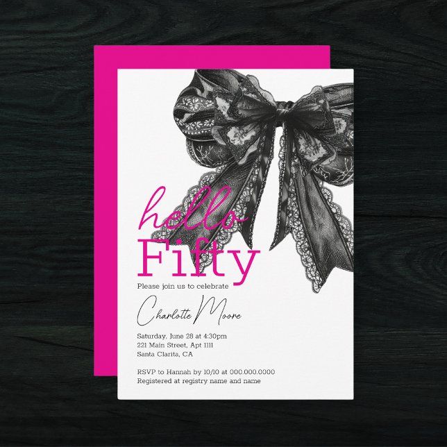 Coquette Hot Pink Black Bow Hello Fifty Birthday Invitation (Coquette Hot Pink Black Bow Hello Fifty Birthday Invitation
)