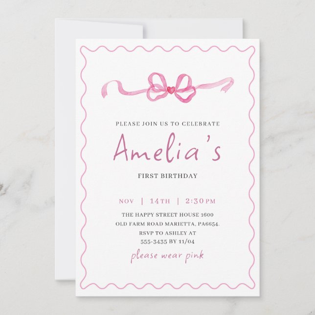 Coquette Invitation for Birthday Girl Bow Party  (Front)