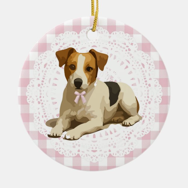 Coquette Jack Russel Terrier Dog Pink Gingham Bows Ceramic Tree Decoration (Front)