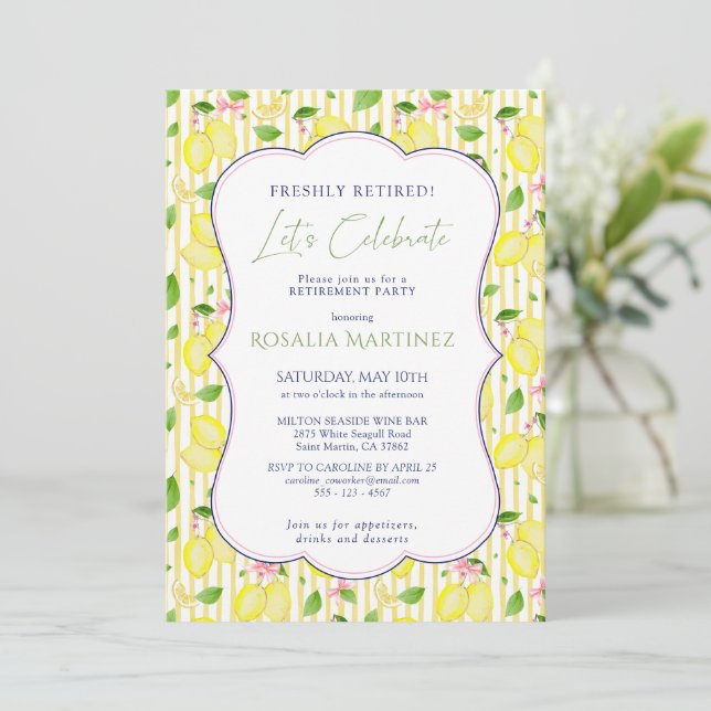 Coquette Lemon Stripes Retirement Party Invitation (Standing Front)