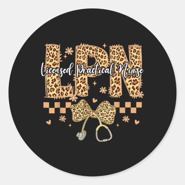 Coquette Leopard Bow Lpn Licensed Practical Nurse Classic Round Sticker (Front)