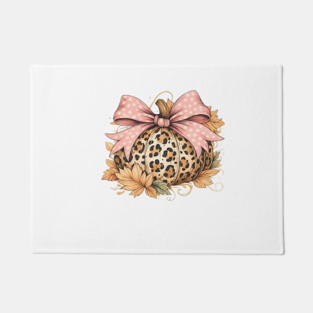 Coquette Leopard Pumpkin with Pink Bow – Glam Fall Doormat (Front)
