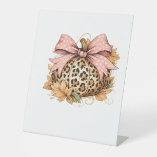 Coquette Leopard Pumpkin with Pink Bow – Glam Fall Pedestal Sign