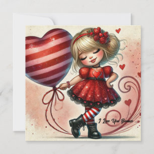 Coquette Little Valentine cartoon girl red balloon Holiday Card
