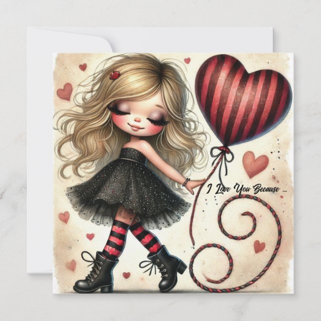 Coquette Little Valentine cartoon girl red balloon Holiday Card (Front)