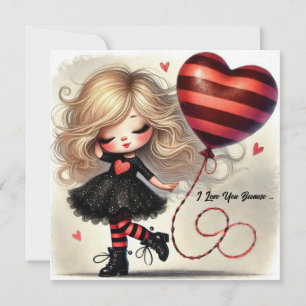 Coquette Little Valentine cartoon girl red balloon Holiday Card