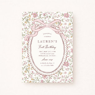 Coquette Meadow Floral Bow First Birthday Invitation