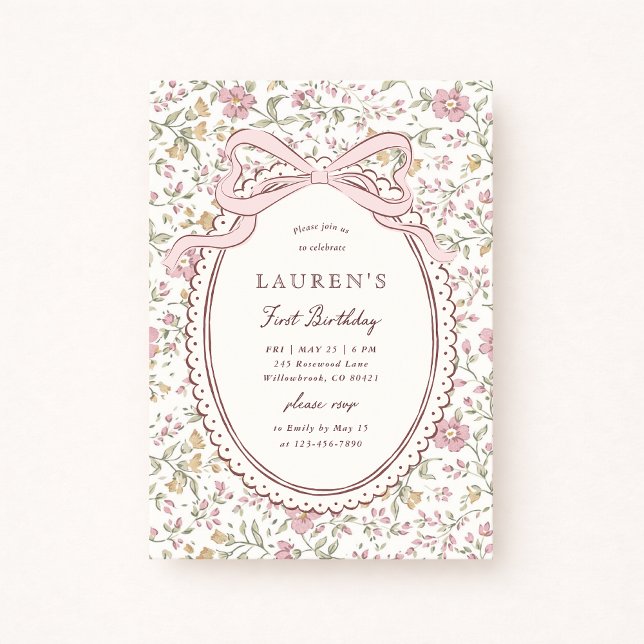 Coquette Meadow Floral Bow First Birthday  Invitation (Creator Uploaded)