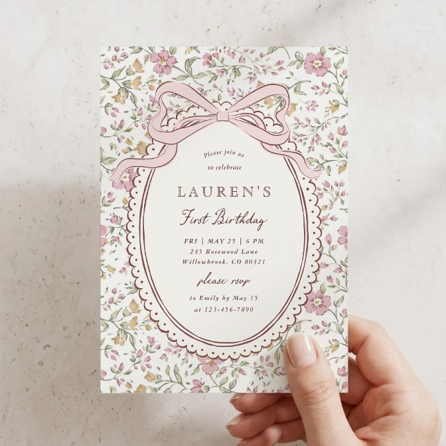 Coquette Meadow Floral Bow First Birthday  Invitation (Creator Uploaded)