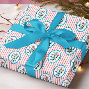 Coquette Mistletoe Red Bow Christmas Stripes Wrapping Paper