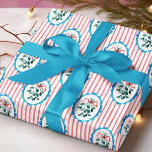 Coquette Mistletoe Red Bow Christmas Stripes Wrapping Paper