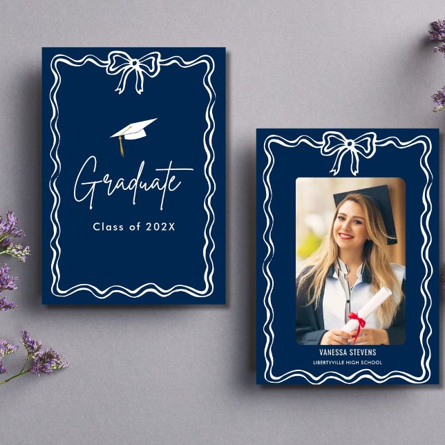 Coquette Navy Bow Photo Graduation Announcement (Creator Uploaded)