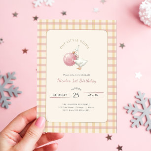 Coquette One Little Goose Pink Bow 1st Birthday Invitation