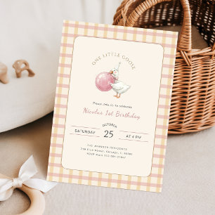 Coquette One Little Goose Pink Bow 1st Birthday Invitation