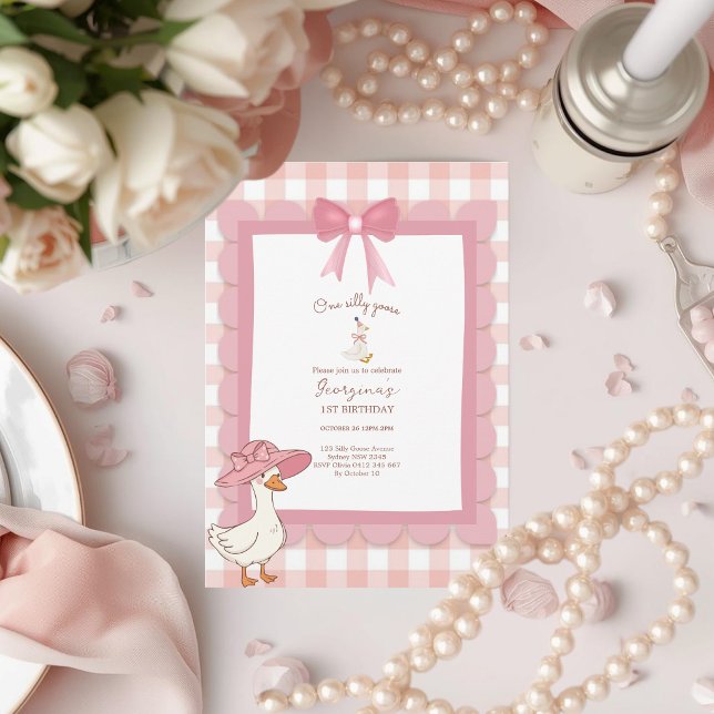 Coquette One Silly Goose Pink Bow 1st Birthday Invitation (Creator Uploaded)