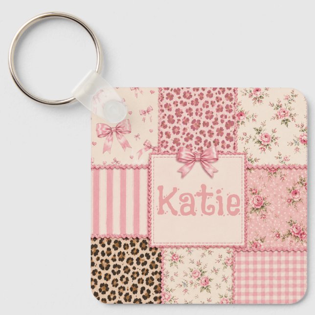 Coquette Patchwork Floral Leopard Keychain (Front)