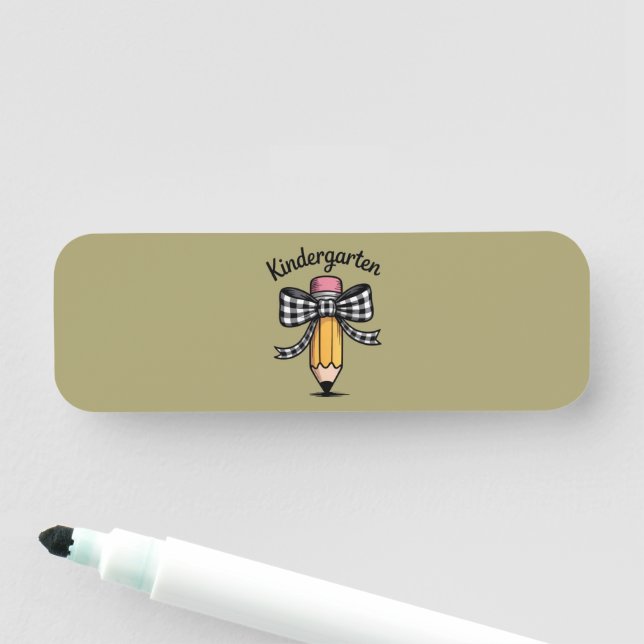 Coquette Pencil Bow Kindergarten Teacher School Name Tag (In Situ)