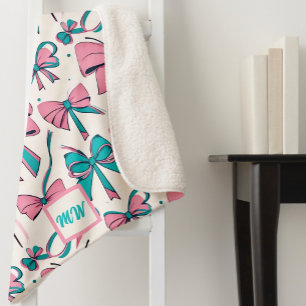  Coquette pink and teal bows monogram Sherpa Blanket