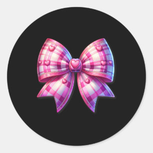 Coquette Pink And White Bow Plaid Valentine Bow Wi Classic Round Sticker