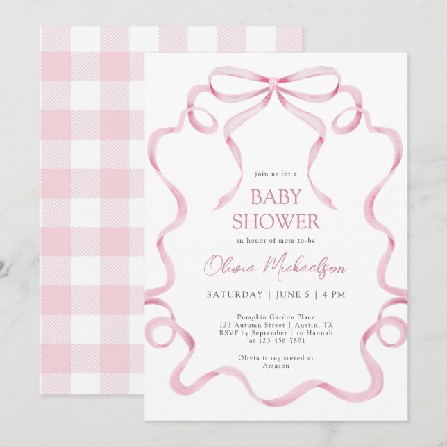 Coquette Pink Blush Ribbon Plaid Frame Baby Shower Invitation (Front/Back)