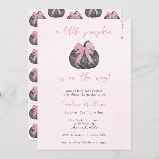 Coquette Pink Bow A Little Pumpkin Fall Halloween Invitation (Front/Back)
