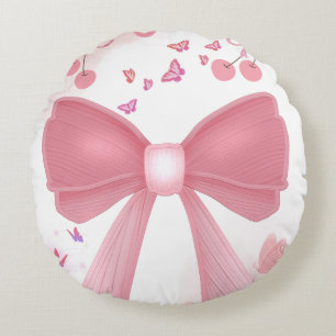 Coquette Pink Bow and Cherries Aesthetic Collage – Round Cushion