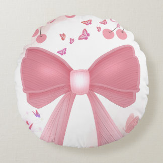 Coquette Pink Bow and Cherries Aesthetic Collage – Round Cushion