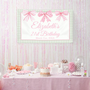 Coquette Pink Bow And Sage Gingham 21st Birthday Banner