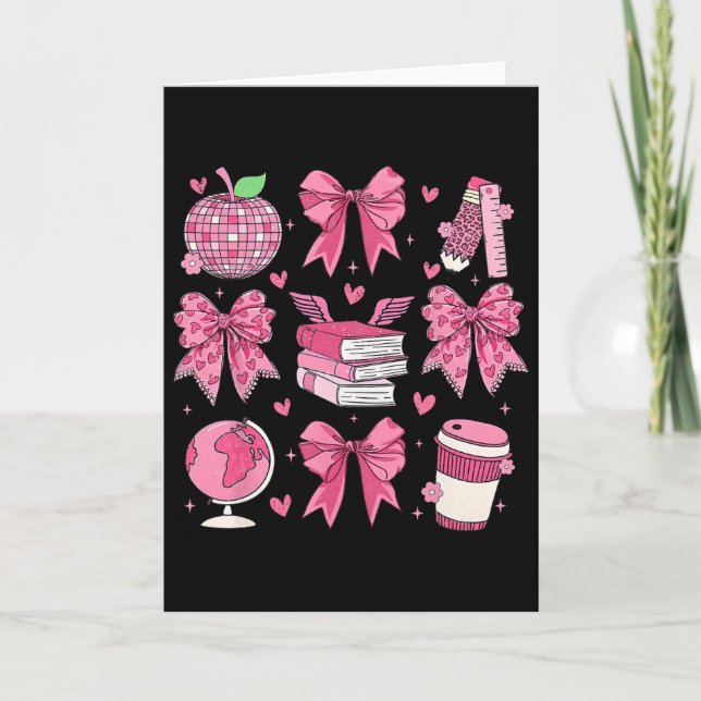 Coquette Pink Bow Apple Teacher Appreciation Valen Card (Front)