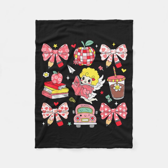 Coquette Pink Bow Apple Teacher Appreciation Valen Fleece Blanket (Front)