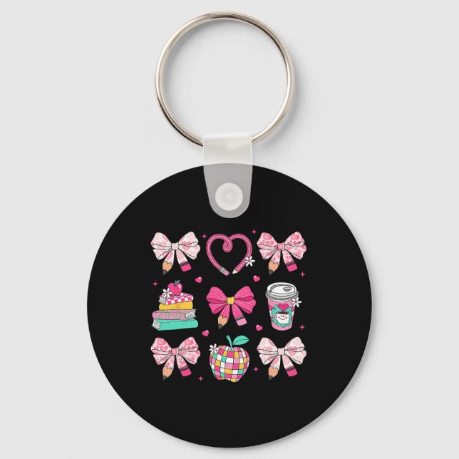 Coquette Pink Bow Apple Teacher Appreciation Valen Key Ring (Front)