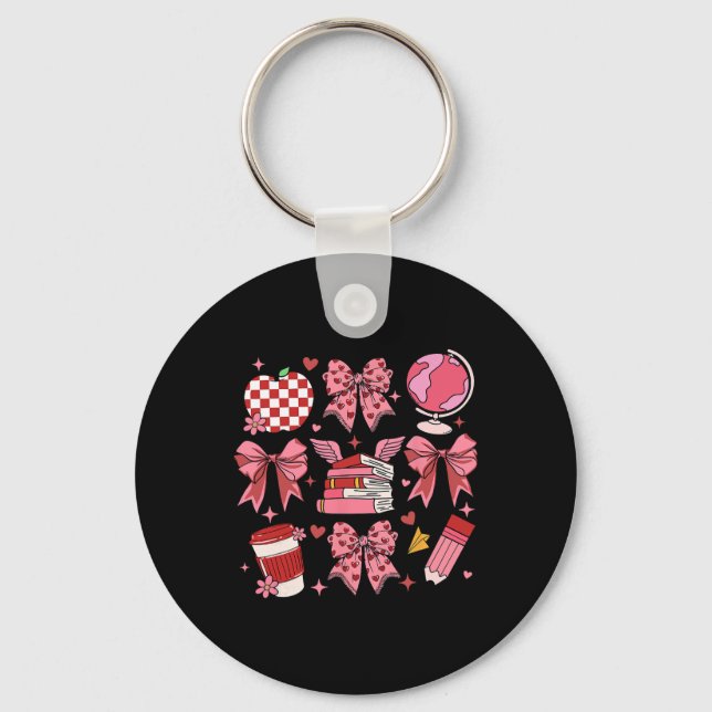 Coquette Pink Bow Apple Teacher Appreciation Valen Key Ring (Front)