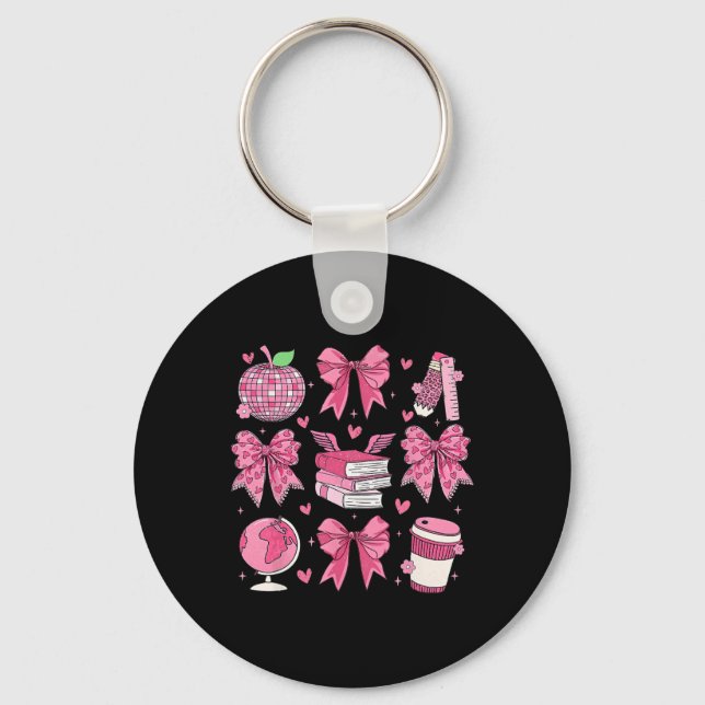 Coquette Pink Bow Apple Teacher Appreciation Valen Key Ring (Front)