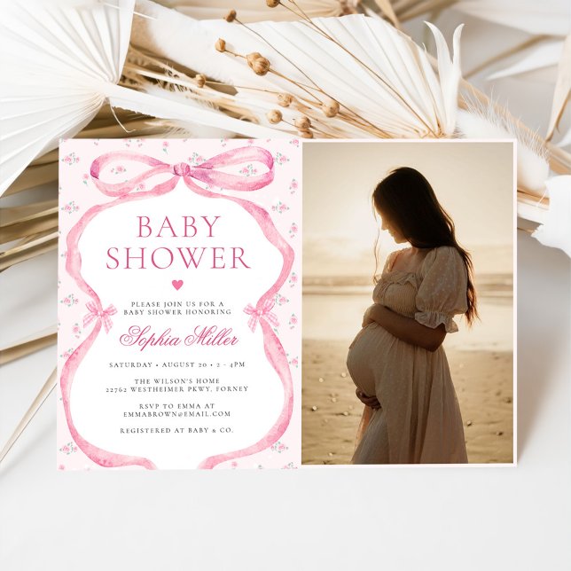 Coquette Pink Bow Baby Shower Photo Invitation (Creator Uploaded)
