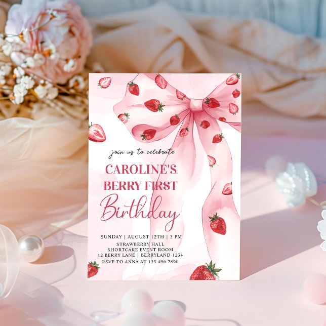 Coquette Pink Bow Berry First Birthday Invitation (Creator Uploaded)